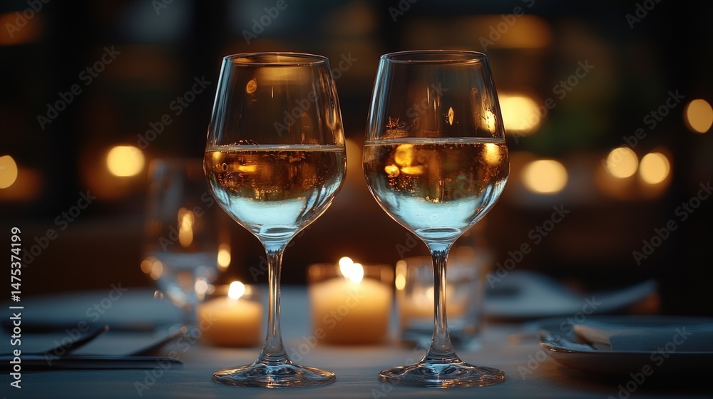 Two glasses of wine on a table, lit by candles, in a romantic setting Two glasses of wine on a table, lit by candles, in a romantic setting