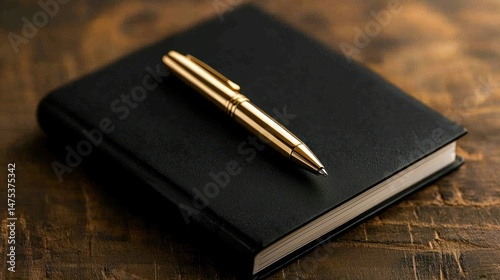 A gold colored pen resting upon a closed black notebook