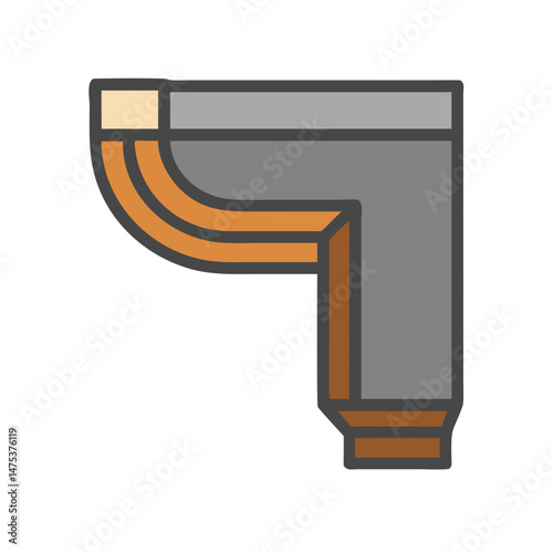 Stylized gray gutter elbow connector illustration with curved lines