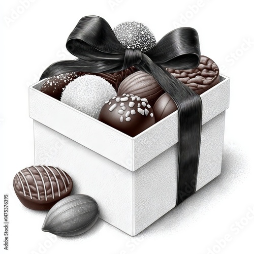 Gift box filled with assorted chocolate truffles and candies on a white background