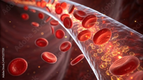 Blood, oxygen and biology concept. Blood flowing through vessels with red cells and plasma particles visible.
