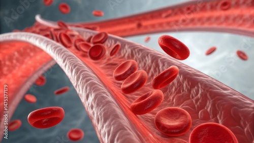 Blood, oxygen and biology concept. Blood cells flowing through a blood vessel in a digital illustration.