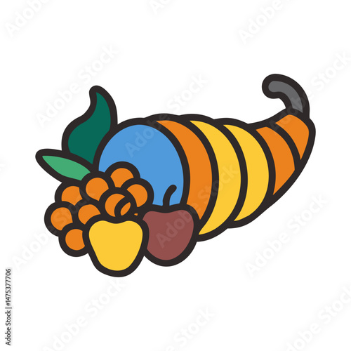 Colorful cornucopia with fruits and leaves illustration design