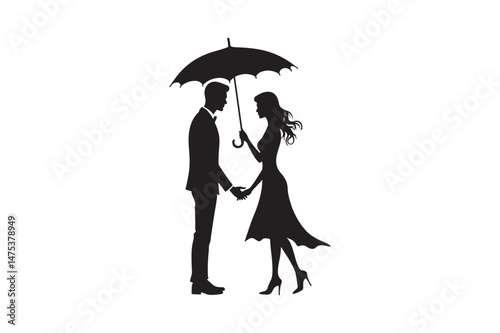 Romantic Couple Silhouette Under Umbrella Holding Hands
