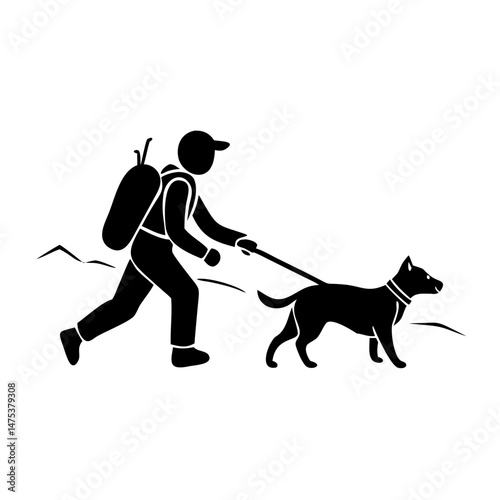 Man walking a dog on a leash in the great outdoors depicted