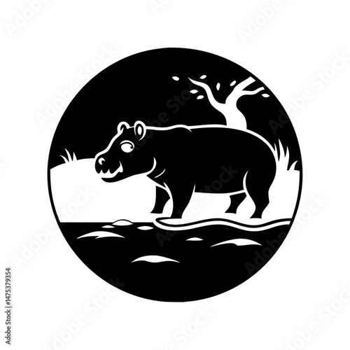 Stylized Hippo in Black and White Circle Emblem with Water and Tree