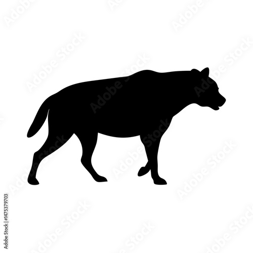 Silhouette of a hyena with strong muscular build walking on a white background