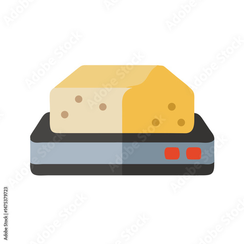 Stylized cheese block on electronic scale graphic illustration
