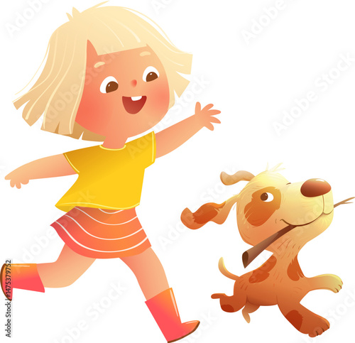 Happy Girl Child playing fetch a stick joyfully outside with her Dog or Puppy. A bright, cheerful cartoon illustration of friendship and outdoor activities. Vector clip art illustration for kids