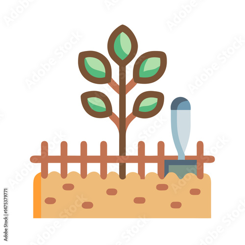 Illustration of a newly planted sapling in garden bed