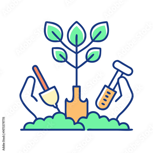 Hands nurturing plant growth with gardening tools illustration