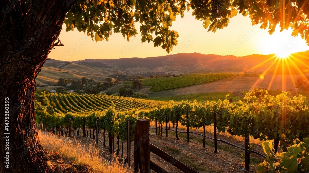 Fototapeta premium Golden Sunset Lights Up A Scenic Vineyard Landscape With Trees