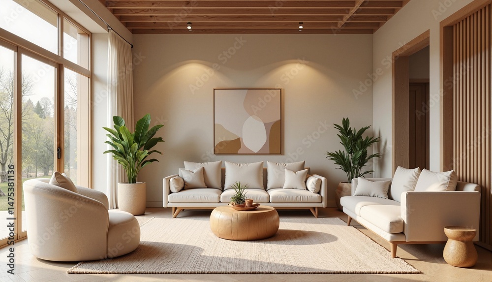 Fototapeta premium Modern minimalist living room with neutral tones, stylish furniture, and indoor plants creating a serene and inviting atmosphere, concept of interior design or home decor