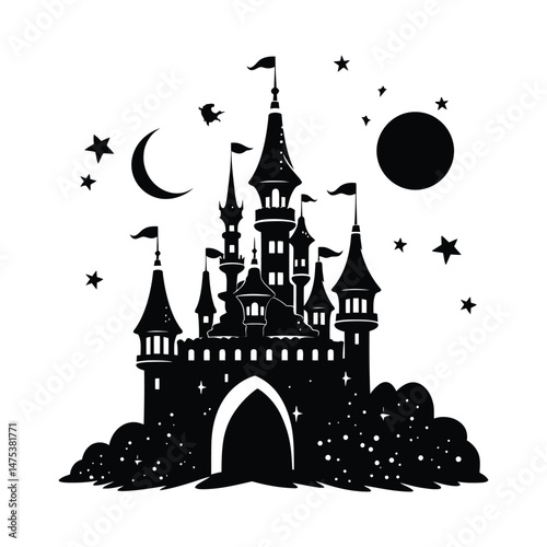 Castle in Moonlight Silhouette Set Clipart