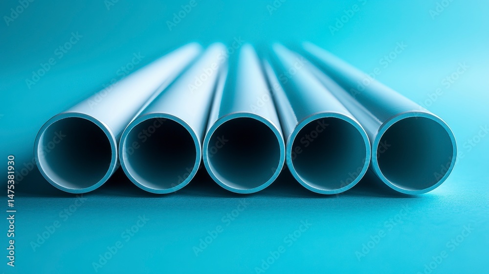 Fototapeta premium Row of smooth, white pipes against a serene blue background, showcasing clean lines
