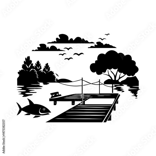 Monochrome landscape illustration featuring a serene riverside scene within a circular frame