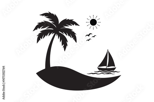 Tropical Beach Silhouette with Palm Tree, Sailboat, and Sun