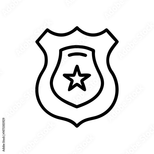 Outline drawing of a badge with a star in the center on a white background design element icon