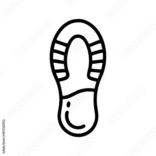 Isolated outline graphic of a shoe print with tread marks and a distinct heel design on a white space