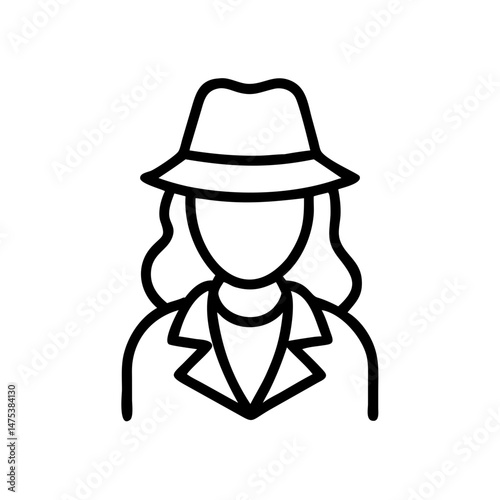 Person with hat and coat outline style, showing a female figure in a classic attire design with wavy hair