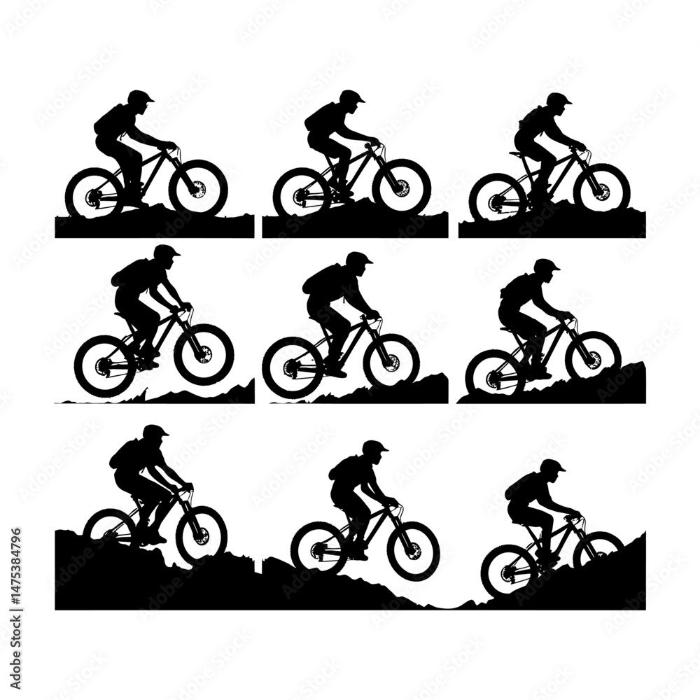 Obraz premium Mountain Biker in Action Silhouette Set