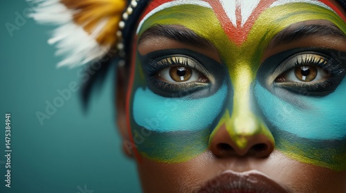 Cultural Expression: Intricate face paint and feathered adornments come together in a powerful display of cultural identity, captured in a captivating portrait of heritage and artistry.