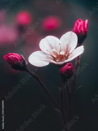 Magical pale pink flower and bright purple buds on a dark background. Saxifraga macro photography 