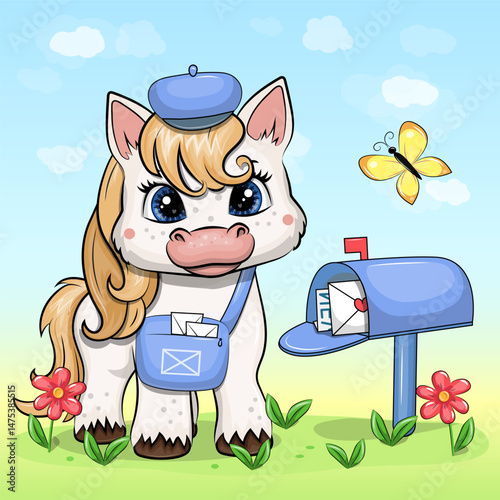 A cute cartoon white baby horse postman with a blue bag and hat stands next to the mailbox. Vector illustration of an animal in nature.