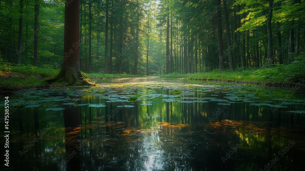 Fototapeta premium Sunlight filtering through a tranquil forest path reflected in a still pond