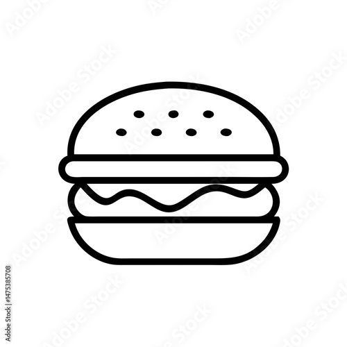Simple graphic depiction of a burger with sesame seeds on the top bun and wavy filling inside
