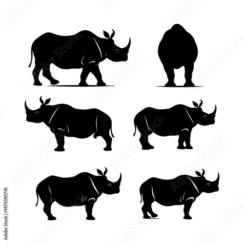 Rhinoceros Silhouette Set Clipart on a White Background
