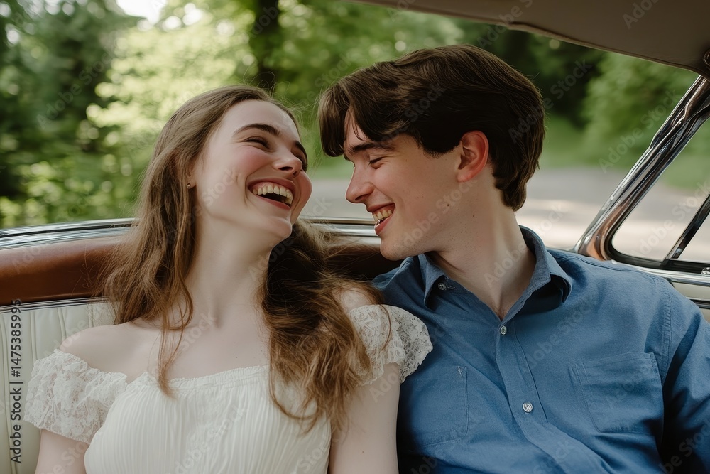 Obraz premium In vintage convertible, bride and groom exchange delighted chuckles after their wedding ceremony