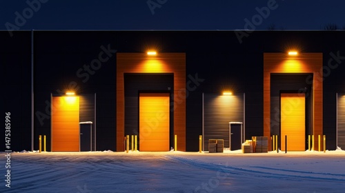 Exterior view of warehouse at night with bright lights