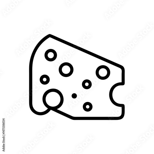 A slice of swiss with holes outlined in black on a white background for food related designs and icons