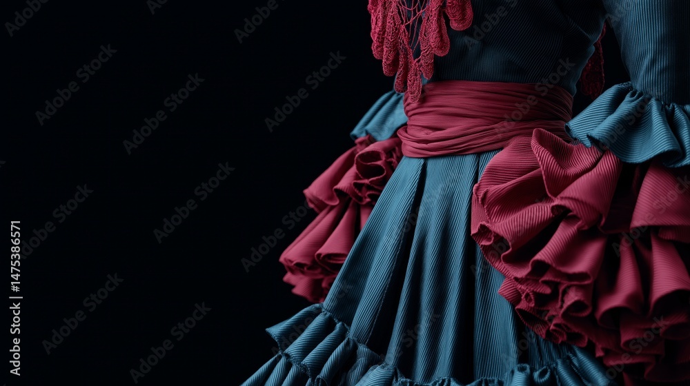 Elegant Evening Gown: A stunning close-up of a luxurious, teal and crimson evening gown. Ruffles and texture create a visual feast, showcasing sophisticated attire and the art of haute couture. Elegant Evening Gown: A stunning close-up of a luxurious, teal and crimson evening gown. Ruffles and texture create a visual feast, showcasing sophisticated attire and the art of haute couture.