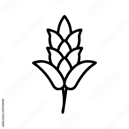 Simple black outline of a stylized flower blossom with layered petals and a short stem design element