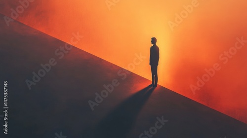 A minimalist illustration of a person standing on a smooth paper surface, gazing thoughtfully at their elongated shadow, soft lighting, subtle texture