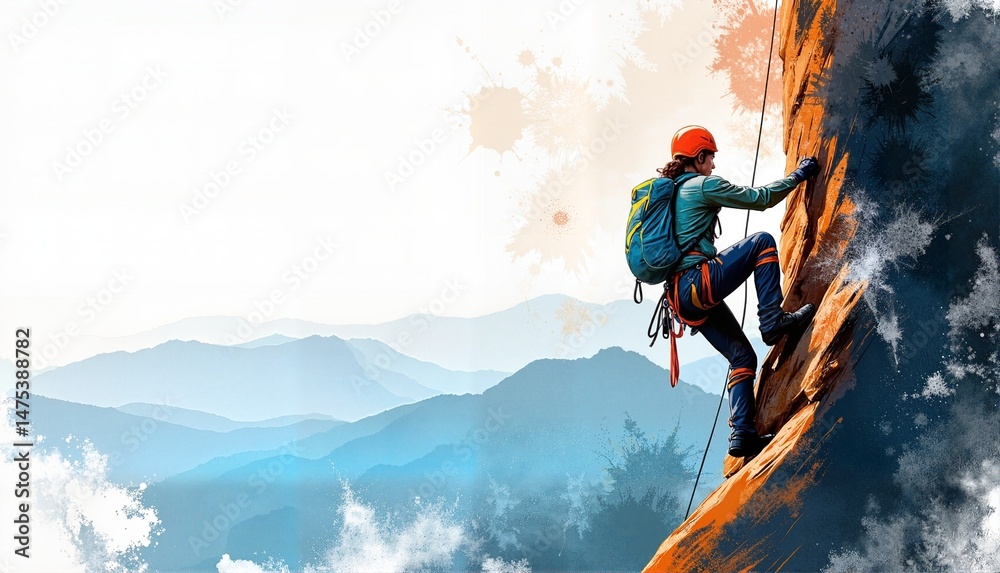 Fototapeta premium Climber ascending a steep rock face with determination against a vibrant mountain landscape, adventure concept of outdoor sports and tourism