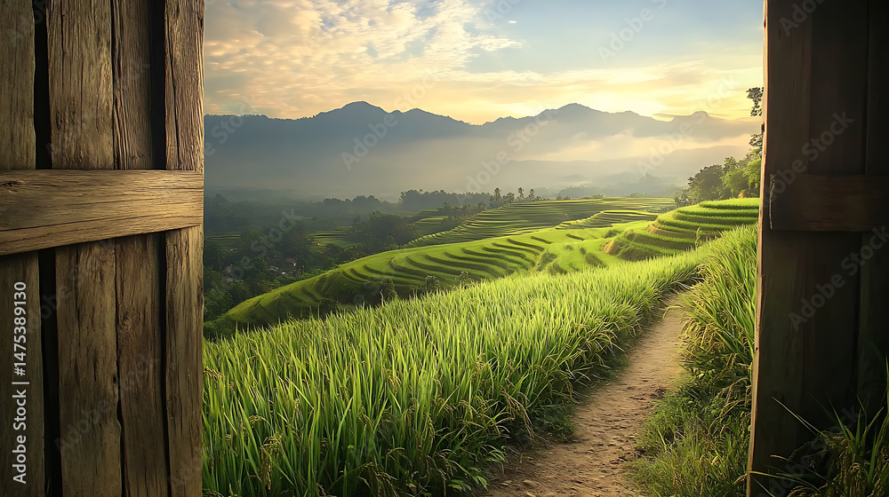 Fototapeta premium Open door reveals a lush green landscape of rice terraces and mountains, bathed in soft sunlight.