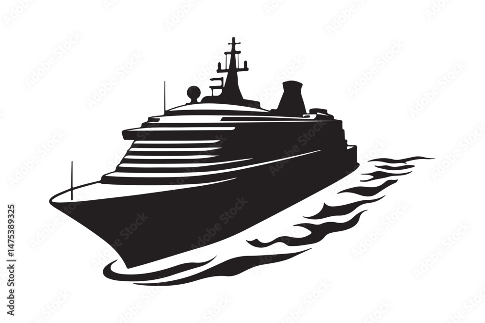 Obraz premium Cruise Ship Silhouette on Ocean Waves Marine Travel Vector Icon