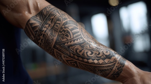 Close-up view of a forearm adorned with intricate tribal tattoo designs.