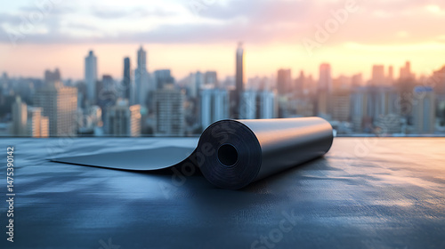 Roll of roofing material sits on a flat roof with a cityscape in the background at sunset.
