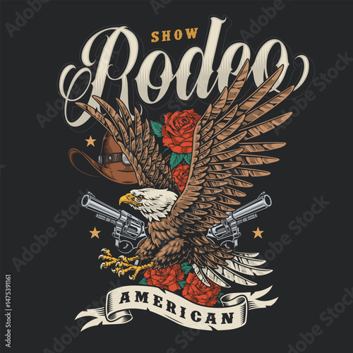 Rodeo design featuring eagle and guns with roses
