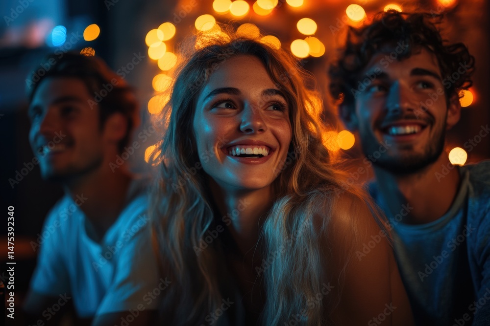 Joyful friends enjoying a night out local candid photography cozy atmosphere warm view Joyful friends enjoying a night out local candid photography cozy atmosphere warm view
