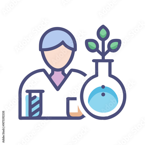 Science icon: scientist with plant in laboratory glassware