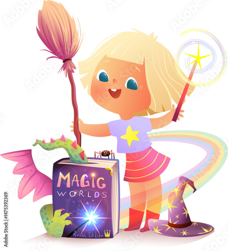 Little Girl Playing with Wand, Broomstick and Magical World Book. Girl reading magical storybook about magic and fairy tale dragon and magical hat. Vector kids educational cartoon clip art collection.