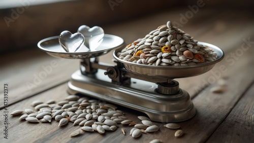 Vintage kitchen scale with sunflower seeds and heart-shaped weights on a rustic wooden table photo