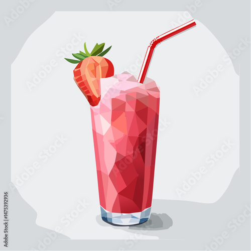 Vector Illustration of Strawberry Smoothie in Geometric Glass with Straw