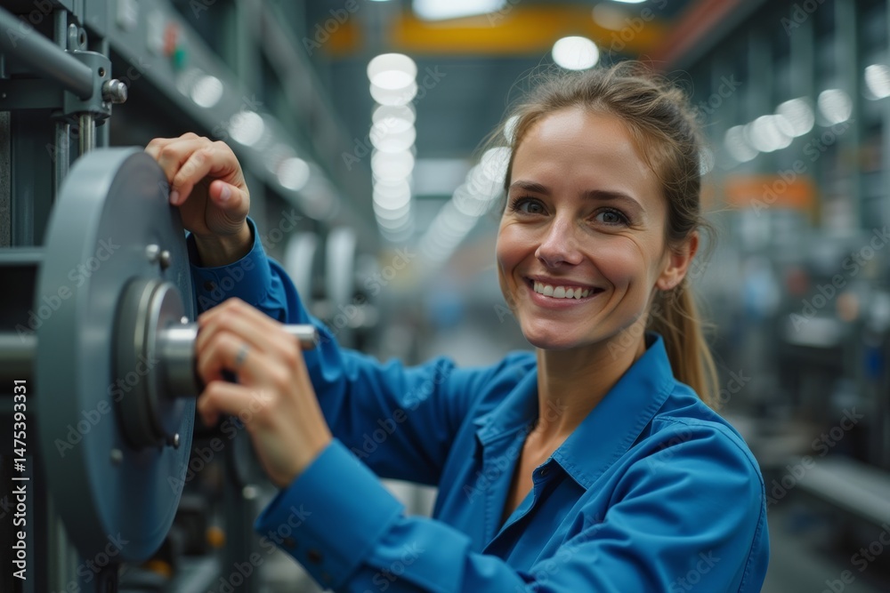 Obraz premium Close-up of a female mechanical engineer inspecting equipment on the production line in a manufacturing plant, smiling.