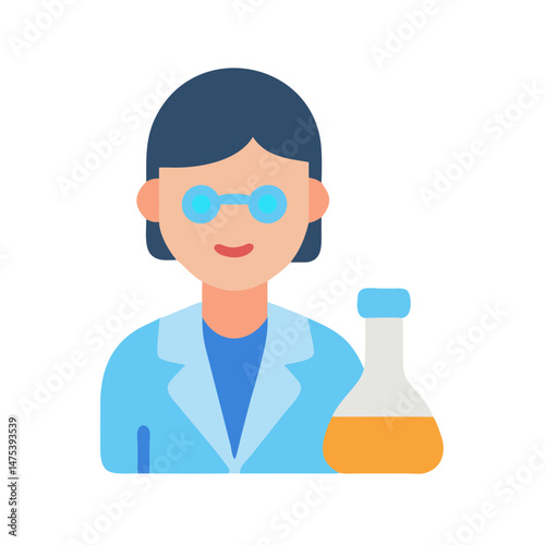 Female Scientist with Flask, Cartoon Illustration on Black